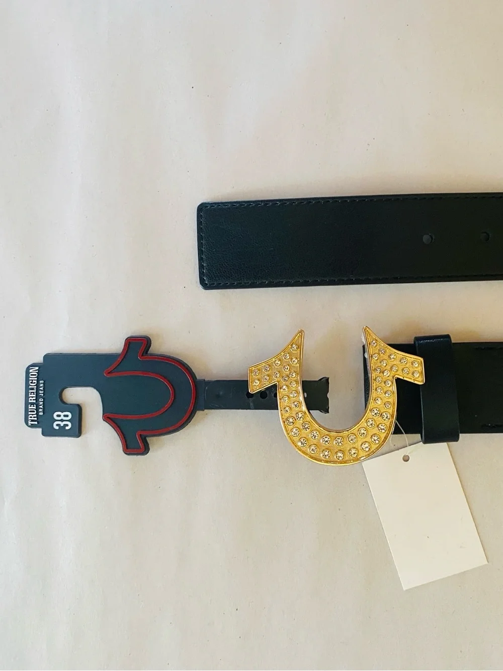 True Religion Black Leather Belt with Gold Crystal Horseshoe Buckle